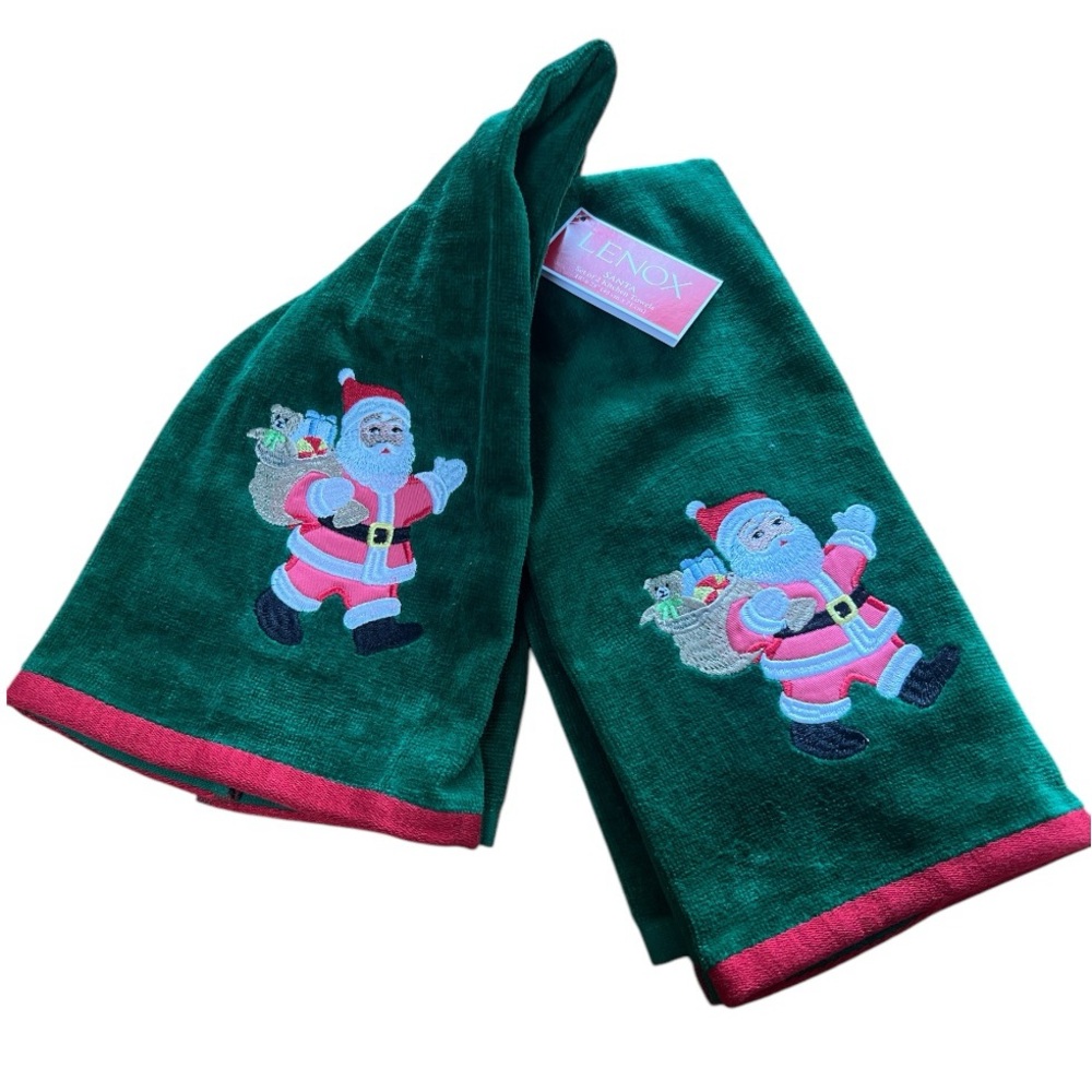 Lenox Christmas Set of 2 Plush Cotton Kitchen Towels Santa Embroidered